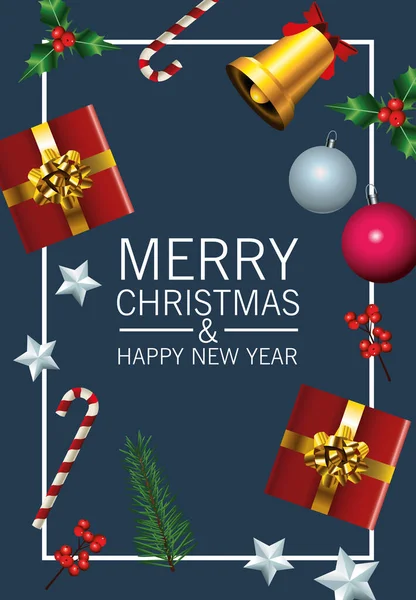 Feliz feliz tarjeta de letras de Navidad con regalos e iconos establecidos en marco cuadrado — Vector de stock