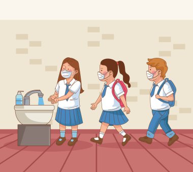 Okul sahnesinde öğrencilerin el yıkadığı covid önleyici
