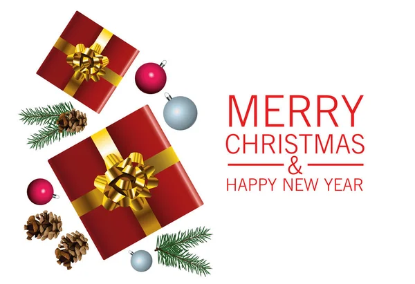 Feliz Feliz Navidad tarjeta de letras con regalos y bolas — Vector de stock