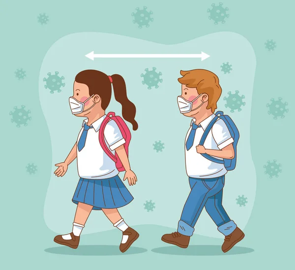 Ковадла превентивні на шкільній сцені з маленькими студентами пара ходить з соціальною відстанню — стоковий вектор