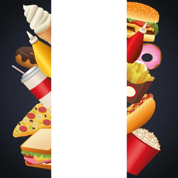 Bundle of delicious fast food menu frame — Stock Vector