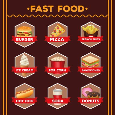 Dokuz paket lezzetli fast food menüsü ve harf