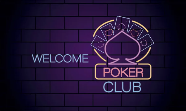 Hoş geldin poker kulübü kumarhanesi Duvarda neon lambası etiketi — Stok Vektör
