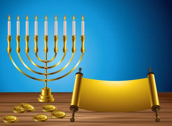 Szczęśliwy hanukkah uroczystości karty z kandelabrum i patchment — Wektor stockowy