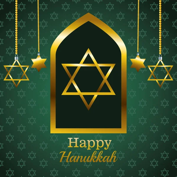 Happy hanukkah celebration card with golden stars hanging — Stock Vector