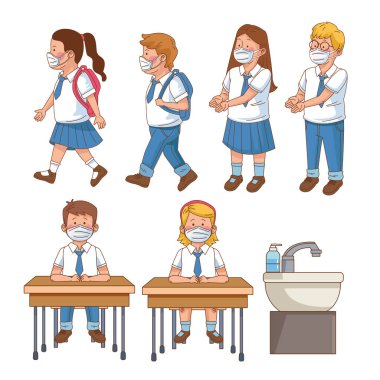 Okul sahnesinde yüz maskesi takan öğrencilerle ilgili kapsamlı önleyici.