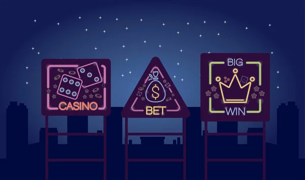 Drie casino neon lichten labels op de stad — Stockvector