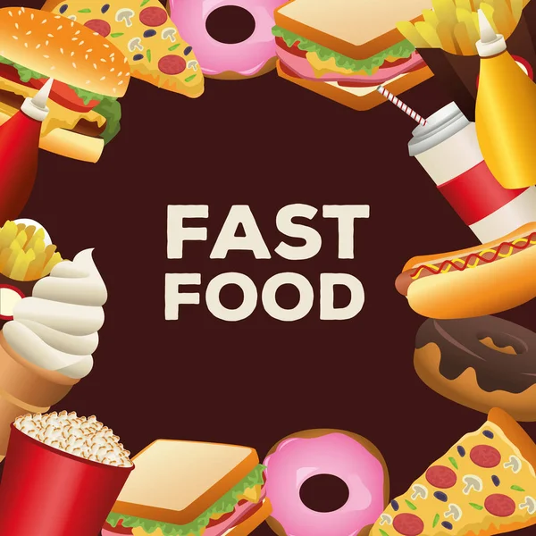 Bundel heerlijke fast food menu frame rond — Stockvector