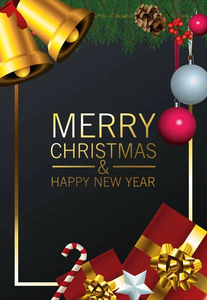 Feliz Feliz Navidad tarjeta de letras con campanas de oro y regalos — Vector de stock
