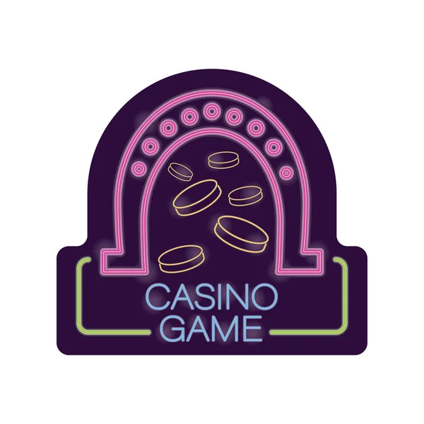 Fer à cheval et pièces de casino jeu néon étiquette légère — Image vectorielle