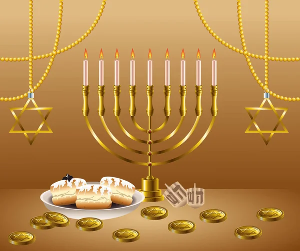 Cartão de celebração feliz hanukkah com candelabro e moedas de ouro — Vetor de Stock