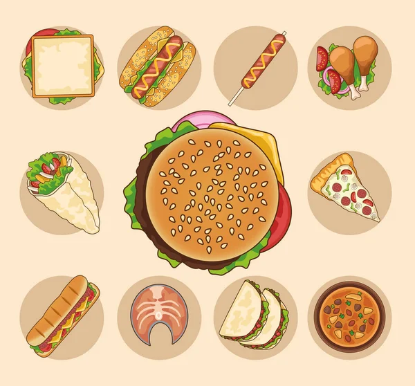 Paquet de neuf délicieux fast food — Image vectorielle