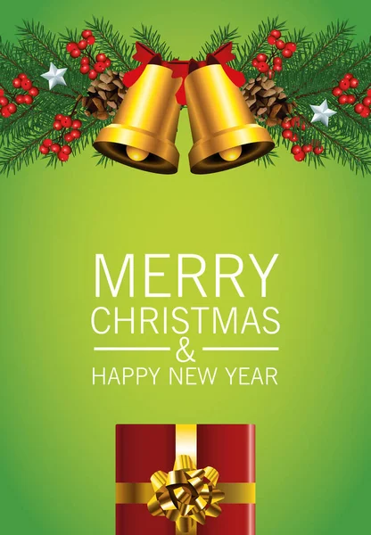 Feliz Feliz Navidad tarjeta de letras con campanas de oro y regalo — Vector de stock