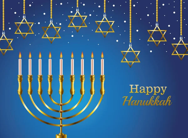 Tarjeta de celebración feliz hanukkah con candelabro y estrellas colgando — Archivo Imágenes Vectoriales