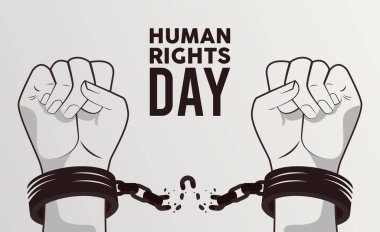 human rights day poster with hands breaking handcuffs clipart