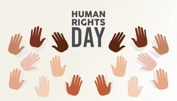 Plakat zum Tag der Menschenrechte mit interrassischen Handflächen — Stockvektor