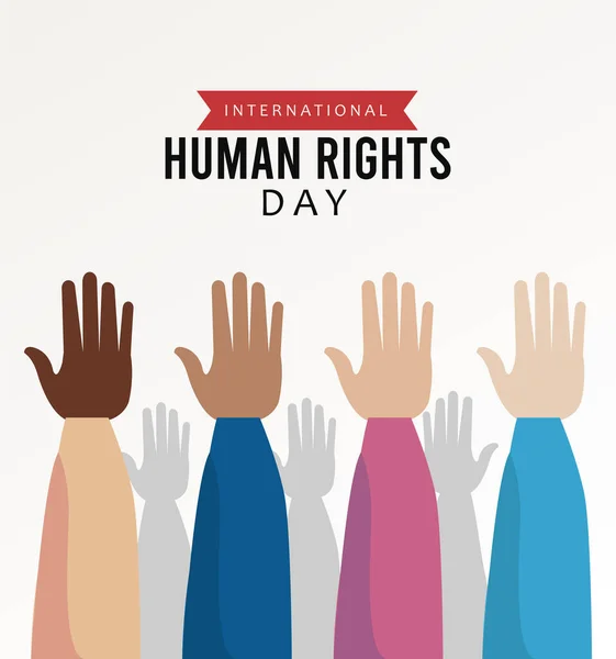Cartel del día de los derechos humanos con las manos interracial arriba — Archivo Imágenes Vectoriales