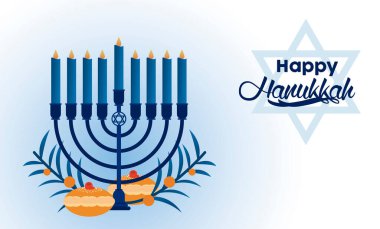 Şamdan ve yiyecekle mutlu Hanuka kutlamaları.