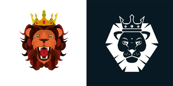 Koppen van leeuwen koningen kleurrijke en monochrome pictogrammen — Stockvector