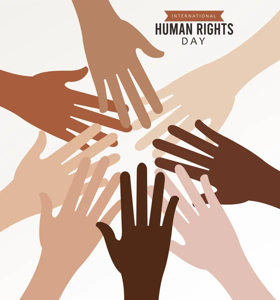 Plakat zum Tag der Menschenrechte mit interrassischen Händen — Stockvektor