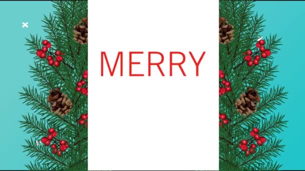 Happy merry christmas lettering card with leafs and seeds — Stock Video