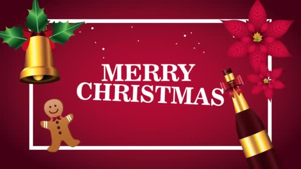 Feliz Navidad tarjeta de letras con champán y campana — Vídeos de Stock