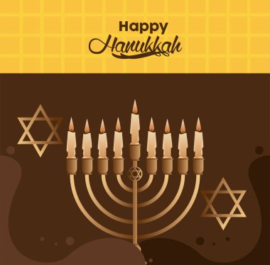 Şamdanlı ve altın yıldızlı mutlu Hanuka kutlamaları.