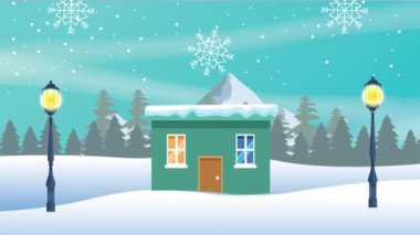 Kar manzaralı yeşil evle mutlu noel kartları.