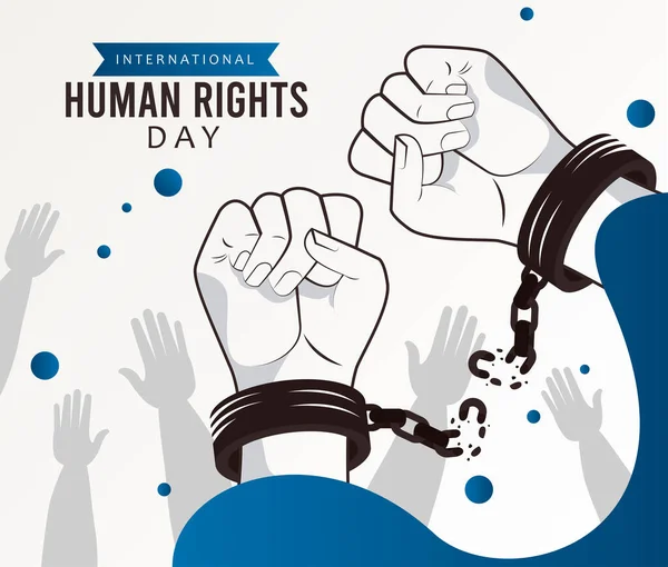 Human rights day poster with hands breaking handcuffs — Stock Vector