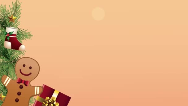 Feliz feliz tarjeta de Navidad con galleta de jengibre y regalos — Vídeo de stock