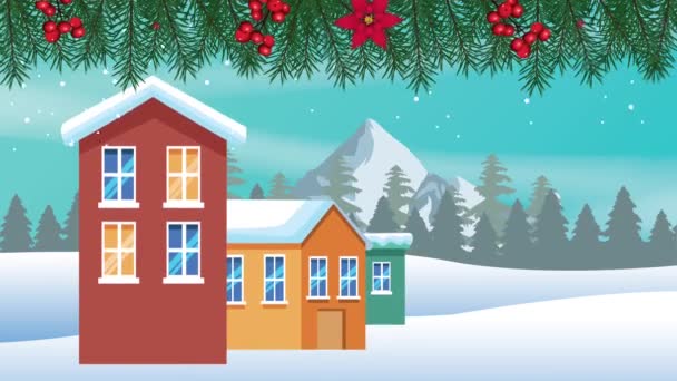 Šťastné veselé vánoční přání s domy ve sněhové scéně — Stock video