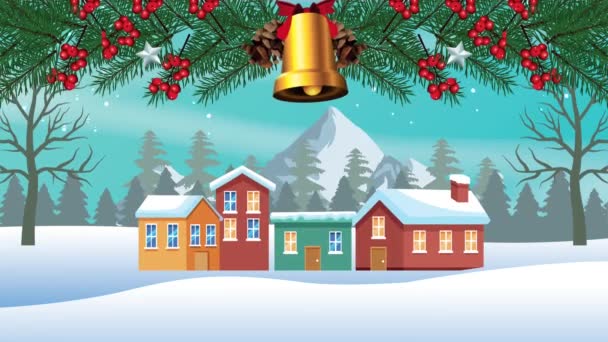 Šťastné veselé vánoční přání s domy ve sněhové scéně a zvonek