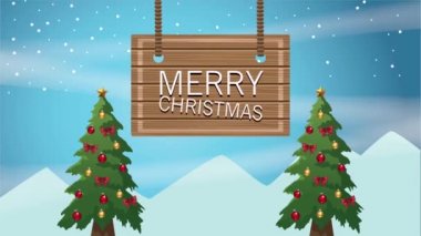 Çam ağaçları ve etiketli mutlu noel kartları.