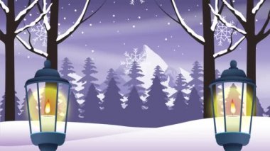 Kar manzarasında fenerli mutlu noel kartları.