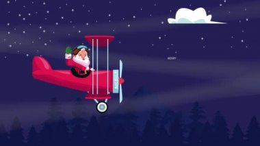 Mutlu noel kartları ve gece uçağındaki Noel Baba.