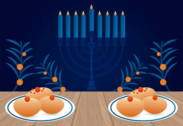 Happy Hanukkah uroczystości z kandelabrum i potraw i żywności — Wektor stockowy