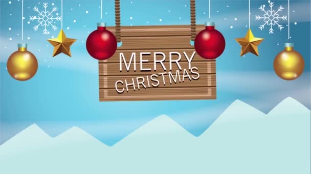 Щаслива весела різдвяна листівка з висячими кульками та ярликом — стокове відео