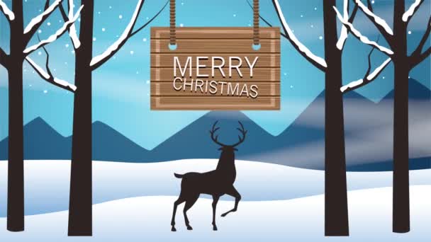 Šťastné veselé vánoční přání se soby ve sněhové scéně — Stock video