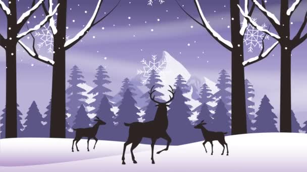 Szczęśliwy Wesołych Świąt karty z reniferów zwierząt w scenerii snowscape — Wideo stockowe