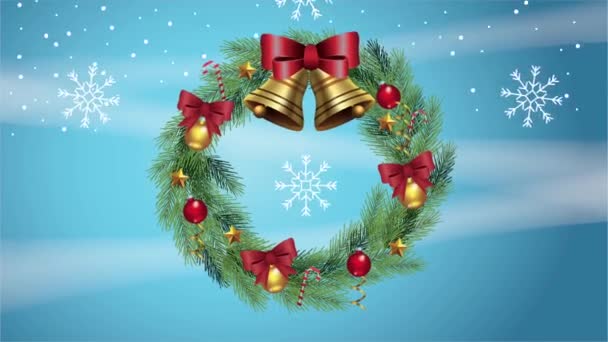 Joyeuse carte de Noël avec cloches en couronne de couronne et flocons de neige — Video