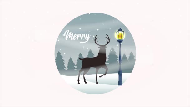 Wesołych Świąt kartka z reniferem i latarnią w scenerii śniegu — Wideo stockowe