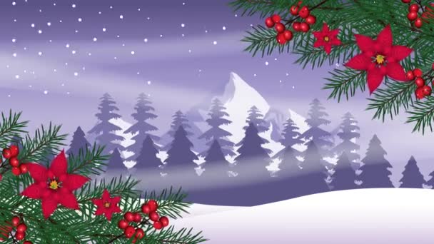 Frohe Weihnachten Karte mit Blumen in Schneelandschaft Szene — Stockvideo
