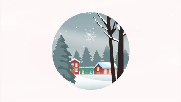 Šťastné veselé vánoční přání s domy a stromy ve sněhové scéně — Stock video