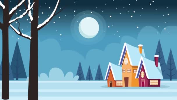 Feliz tarjeta de Navidad feliz con casas en la escena de la noche — Vídeo de stock