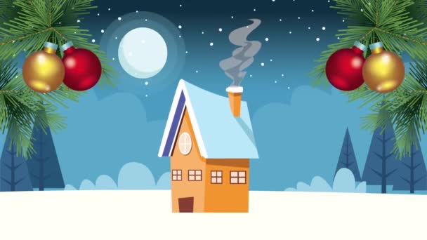 Šťastné veselé vánoční přání s domem a míčky ve sněhu — Stock video