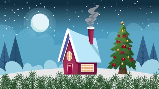 Boldog karácsonyt kártya ház és fenyő a hótáj — Stock videók
