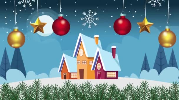 Glad god jul kort med hus och bollar hängande — Stockvideo