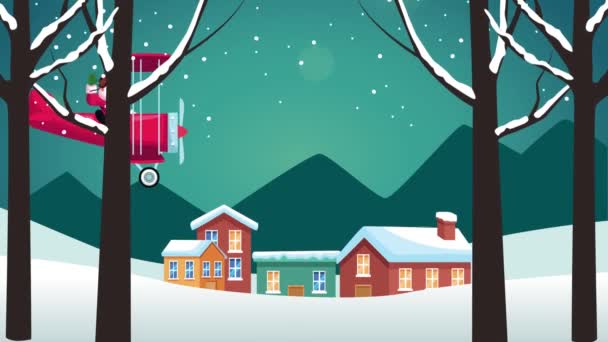 Šťastné veselé vánoční přání s domy a Santa Claus v letadle — Stock video