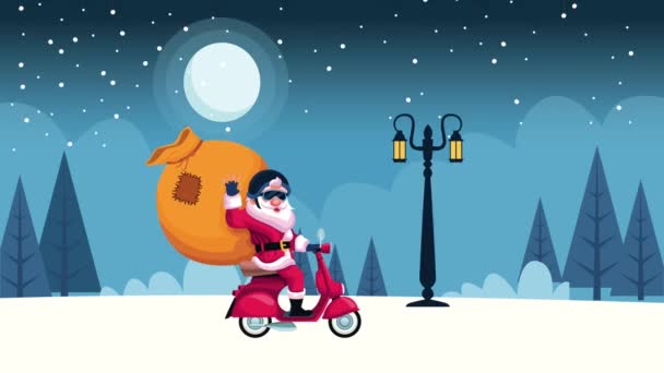 Feliz cartão de Natal alegre com Papai Noel em motocicleta na cena da noite — Vídeo de Stock
