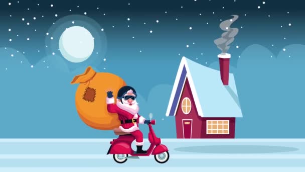 Motosikletli Noel Baba ve Ev ile Mutlu Noeller kartı — Stok video